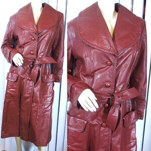 Vintage Genuine Leather Jacket Trench Coat S/Small Made in Korea Dark Red Maroon